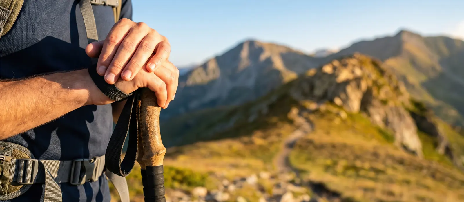Hand am Korkgriff eines Wanderstocks vor Bergpanorama