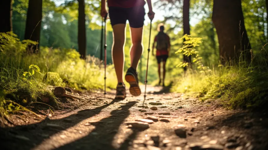 Hiker with trekking poles on a forest path